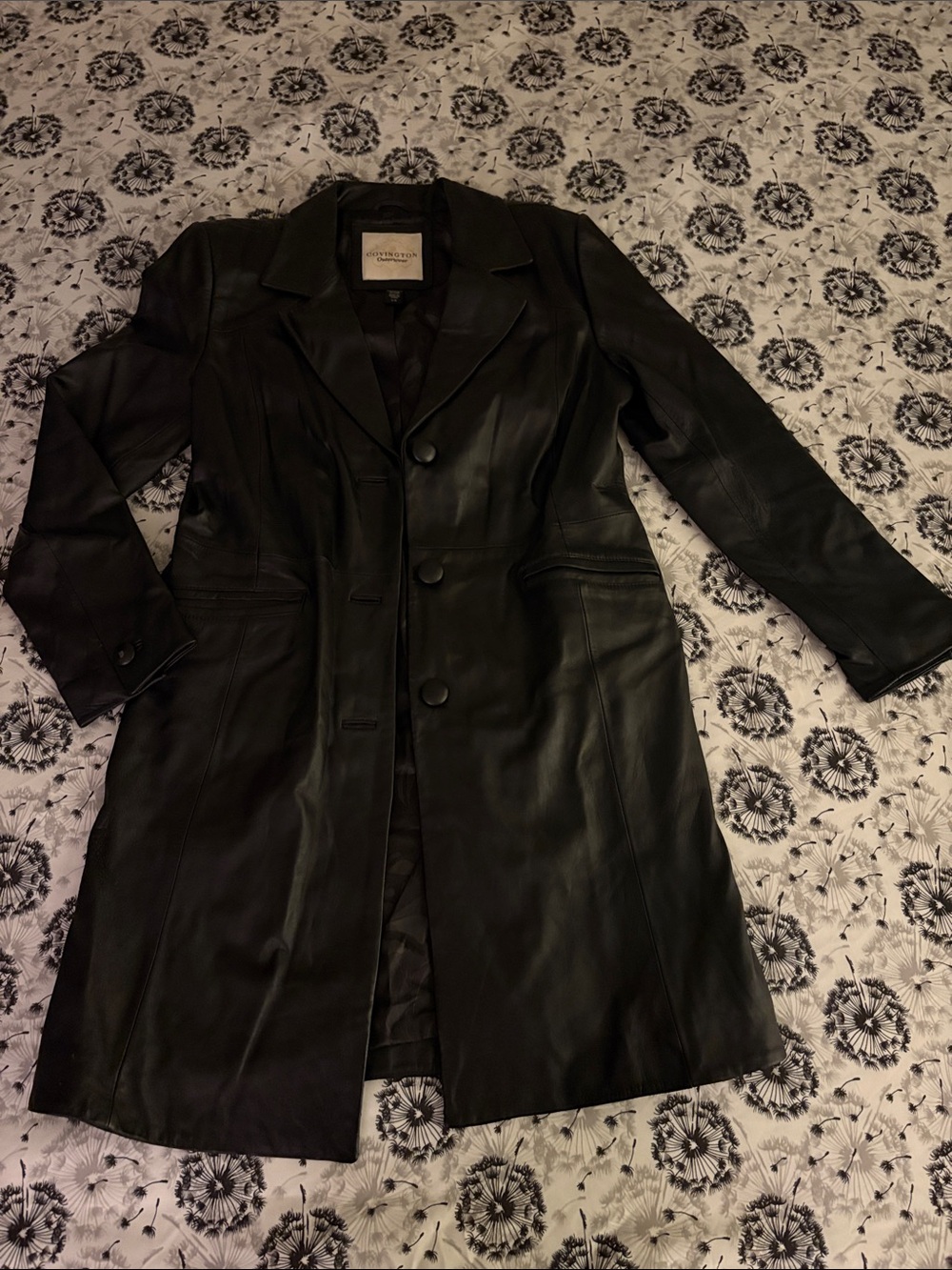 Covington Black Leather Long Trench Coat